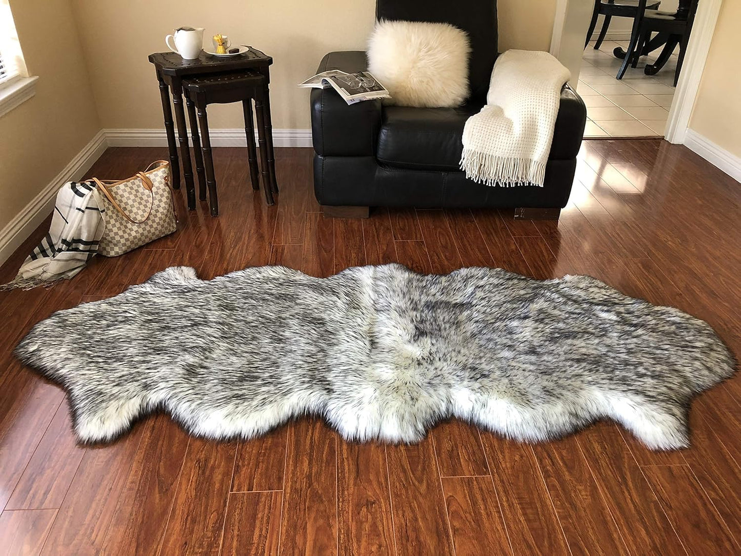 LAMBZY Faux Sheepskin Super Soft Hypoallergenic Free Shape Silky Shag Rug, Luxury Shaggy Silky Plush Carpet for Bedrooms Rugs Living Room Sofa Floor Rugs (Double 2'x6', White/Black Tips)