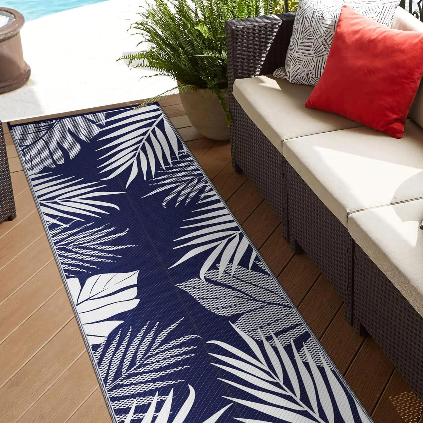GENIMO Outdoor Rug 2.5' x 8' Waterproof for Patios Clearance, Reversible Outdoor Plastic Straw Camping Rug Carpet, Large Area Rugs Mats for RV, Camper, Deck, Balcony, Porch, Beach, Navy Blue&White
