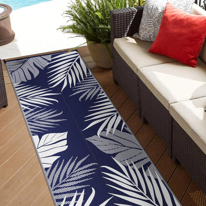 GENIMO Outdoor Rug 2.5' x 8' Waterproof for Patios Clearance, Reversible Outdoor Plastic Straw Camping Rug Carpet, Large Area Rugs Mats for RV, Camper, Deck, Balcony, Porch, Beach, Navy Blue&White