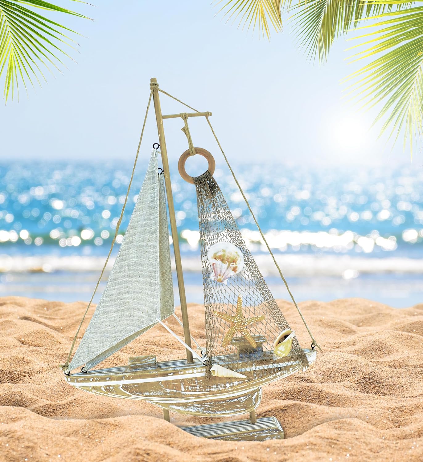 Puzzled Baja Haven Sailboat Decor - Handmade Beach Themed Wooden Boat Home Decor for Living Room Shelves, Tabletop, Desk, Cute Nautical Party Decorations - 14.5 Inches