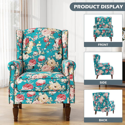 UIXE High Back Floral Accent Chairs Set of 2, Upholstered Armchair in Fabric, Retro Printed Wingback Arm Chair for Living Room, Nailhead Trim Single Sofa Bedroom Reading Seat - Peacock Blue