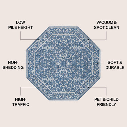 JONATHAN Y Vintage Filigree Indoor Outdoor Octagon Area Rug 5 Ft Navy/Gray, Charleston Textured Weave for Backyard, Patio, Porch, Easy-Cleaning, High Traffic, Pet-Friendly, Non-Shedding SMB106D-5TGN