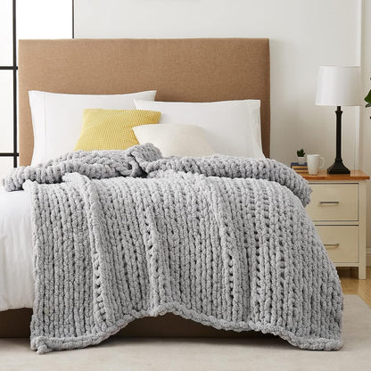L'AGRATY Chunky Knit Blanket Throw: 80''x90'' Chenille Chunky Knitted Throw Blanket for Bed Couch - Handmade Thick Big Cable Knit Blanket - Large Chunky Crochet Rope Blanket for Home Decor(Grey)