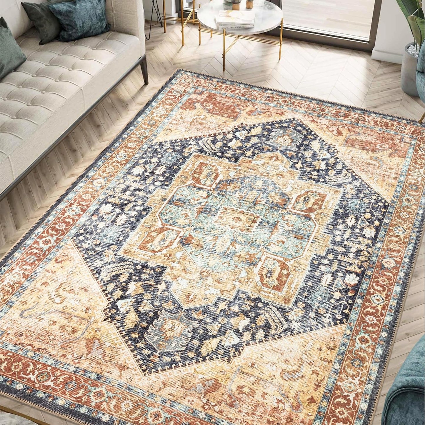 Keen Home Design 9x12 Rug - Machine Washable Area Rug with Non-Slip Backing, Ideal for Living Room, Dining Room, Bedroom - Vintage, Easy Clean, Durable, Low Pile Rug - (9' x 12')