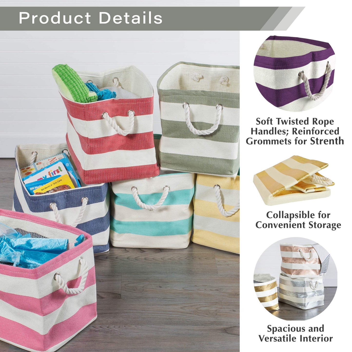 DII Durable Woven Striped Storage Bin Collapsible with Soft Rope Handles Reinforced with Metal