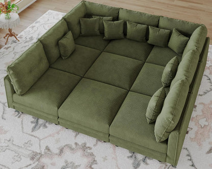 LLappuil Modular Sectional Sofa with Storage Seats, Corduroy Convertible Modular U Shaped Sectional Couch for Living Room, 9 Seat Oversized Sofa with 9 Back Cushion 9 Throw Pillow, Green