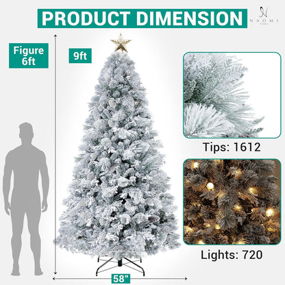 Darla 9ft Snow Flocked Prelit Artificial Christmas Tree with Star Projector, 58 Pine Cones, 1612 Branch Tips, 720 Warm Lights and Metal Stand, 58" Wide Snowy Frosted Pine Christmas Tree with Lights