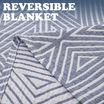 JINCHAN Boho 100% Cotton Blanket Muslin Twin Size 60x80 Inches Lightweight 3-Layer Geometric Triangle Striped Pattern Reversible Quilt Throw Soft Breathable Comfy All Seasons for Couch Bed Decor, Blue