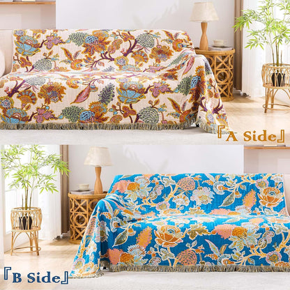 Boho Throw Blanket for Bed, 100% Cotton Soft Rustic Quilt Fall Blanket, 50"x60" Floral Printed Farmhouse Decor Bed Blankets, All Season Rustic Reversible Bohemian Throw Quilt
