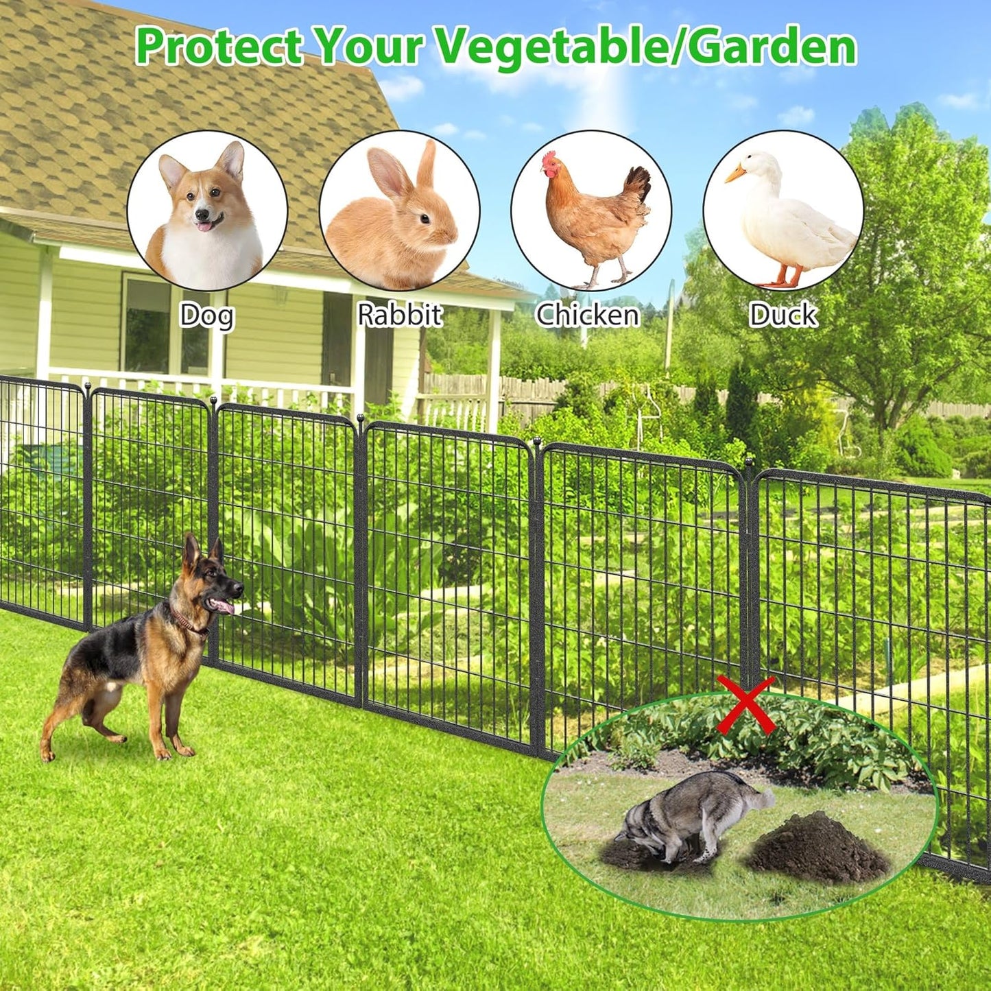 Decorative Black Metal Fencing Garden Fence with Gate, 23ft(L) 32in(H) 10 Fence Panels No Dig Fence Rustproof Animal Barrier Fence Temporary Dog Panels Fencing Outdoor