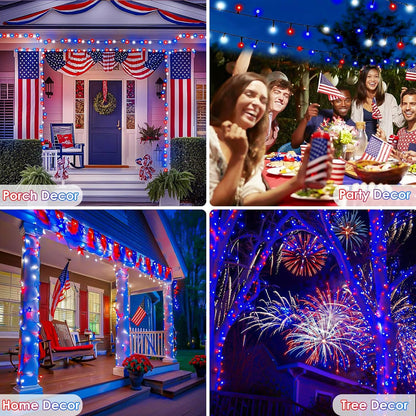 4th of July Decorations Outdoor, 4pk Red White and Blue Solar String Lights, 400LED 132FT LED Patriotic Light Waterproof, Solar Fairy Twinkle Light for Independence Day Yard Garden Tree Decorations