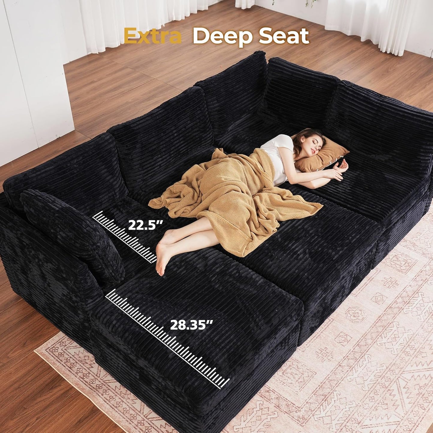 HOOOWOOO Modular Sectional Sofa,7 Pieces Sectional Couches for Living Room,131X98 U Shaped Cloud Couch Set(Black Velvet Corduroy)