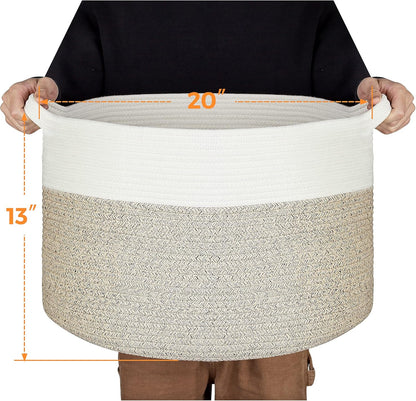 Ravinte Blanket Basket - 20"x 20"x 13" Cotton Rope Basket for Living Room, Baby Toy Storage Basket, Large Woven Laundry Basket (White-Light Brown)