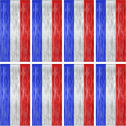 8 Pack 4th of July Photo Backdrop, 3.28 FT x 7.08 FT Fourth of July Decorations, Metallic Blue Silver Red Patriotic Tinsel Backdrop Foil Curtains, Patriotic Independence Day Decorations