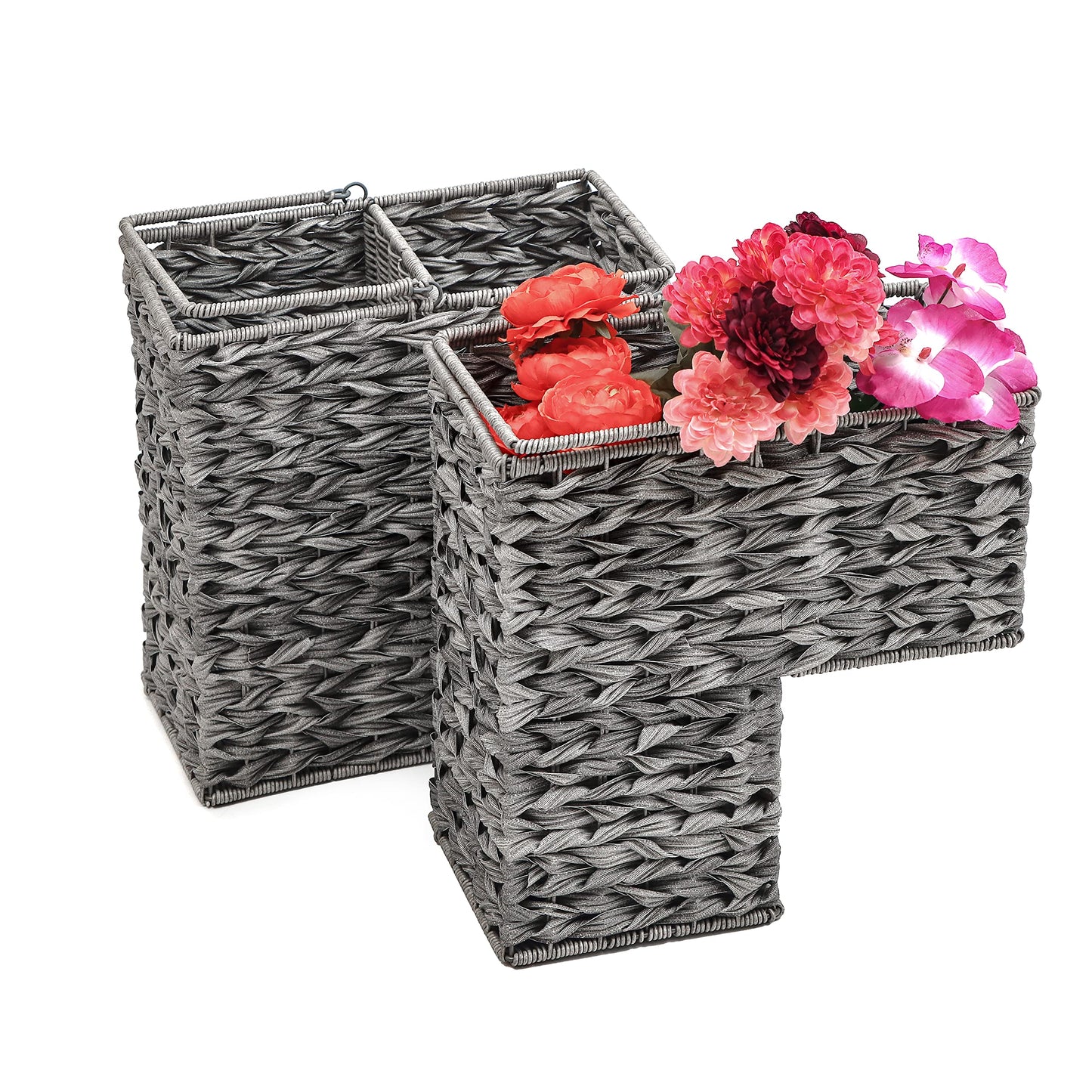 Trademark Innovations 14.5" Plastic Wicker Storage Stair Basket Set With Handles (Set of 2, Grey)