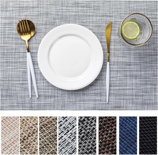 LEXMORE Placemats Set of 8 Vinyl/Plastic Woven Place Mats for Kitchen Table Indoor/Outdoor Washable Placemat Wipeable Dining Table Mats(Gray)