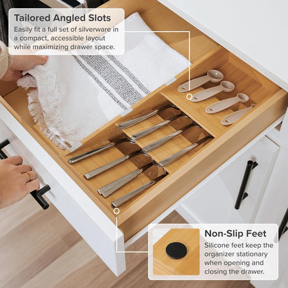 Premium Cutlery, Flatware, and Silverware Drawer Organizer – Slanted 3-Compartment Design with Labeled Slots, Non-Slip Feet, 100% Sustainable Bamboo