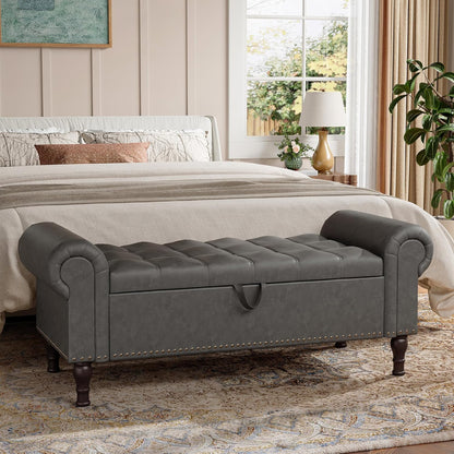 Storage Bench for Bedroom, 51" Full Queen Storage Bench, Upholstered Bedroom Bench with Rolled Arms and Vintage Rivets for Living Room, Storage Room, Entryway, Gray