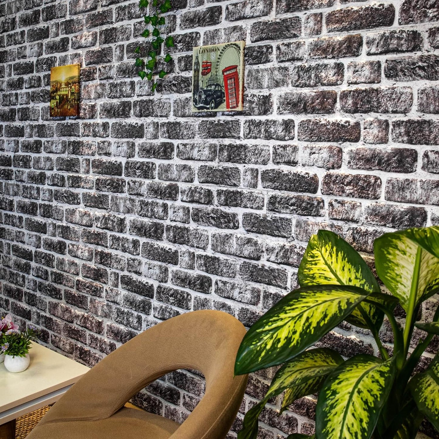 Dundee Deco 3D Wall Panels Faux Brick - Cladding, Charcoal White Stone Look Wall Paneling, Styrofoam Facing for Living Room, Kitchen, Bathroom, Balcony, Bedroom, Set of 10, Covers 54 sq ft