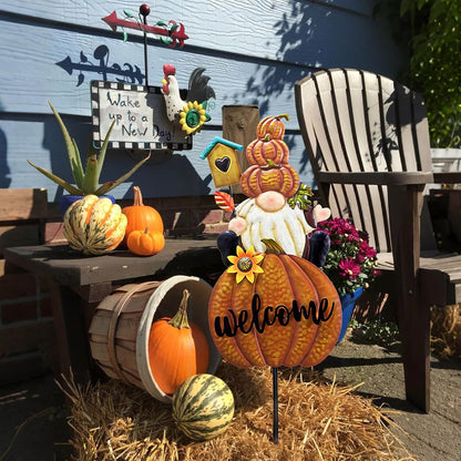 TERESA'S COLLECTIONS Fall Gnome Pumpkin Decorations for Outdoor Home, Metal Fall Decor Welcome Signs Stakes, Orange Autumn Yard Decor for Thanksgiving, Harvest Garden Patio Gift for Mom 25"