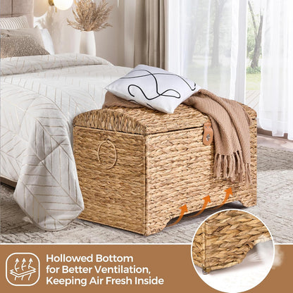 Handwoven Storage Basket with Lid, 178L Wicker Storage Bin, Natural Water Hyacinth, Leather Buckle & Metal Frame, Metal Ring Handles for Easy Transport, Storage Chest & Trunk for Bedroom, Living Room