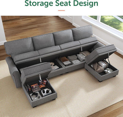 HONBAY Convertible Sectional Sofa with Storage U Shaped Sectional Couch with Reversible Chaise Small Sectional Couches for Living Room,Grey