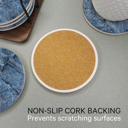 Emerson Coasters for Drinks Absorbent – Natural Stone Drink Coasters Set with Holder, Coasters for Coffee Table, Wooden Tabletop Protection Marble Style – 100% Heavy Duty Set of 6 (Mystic)