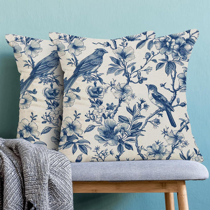 Navy Blue Spring Floral Pillow Covers 18 x 18 Inch Set of 2 for Chinoiserie Vintage Flowers Bird Decor Throw Pillows Plant Farmhouse Outdoor Decorative Cushion Cases for Couch Bed Decorations