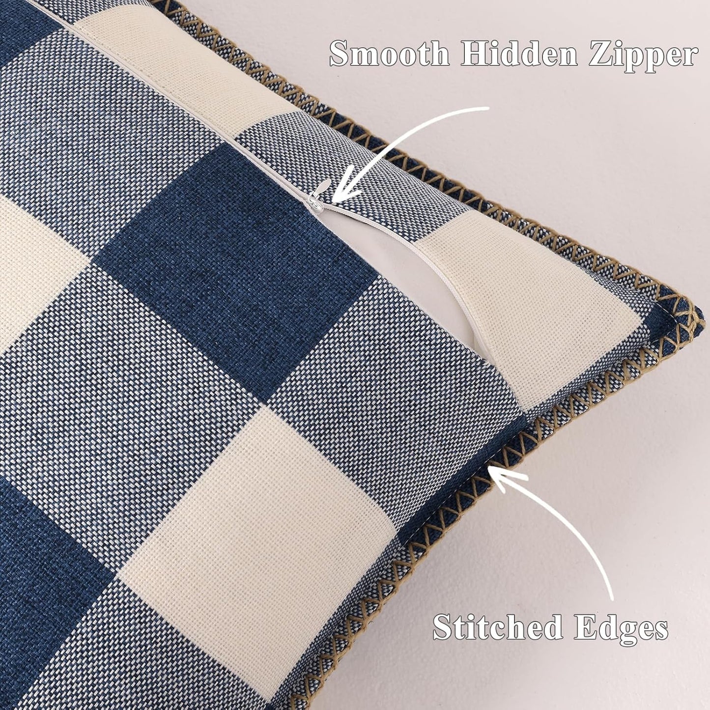 decorUhome Buffalo Plaid Check Throw Pillow Covers 22x22 Set of 2, Outdoor Decorative Farmhouse Neutral Pillow Covers with Stitched Edge for Bed Couch Sofa, Navy Blue and White