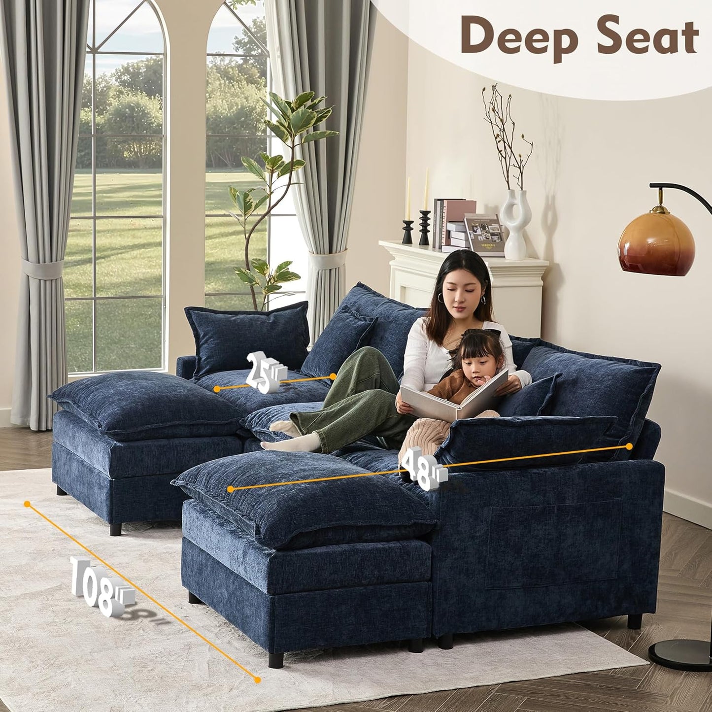 108" U Shaped Couch, Modular Sectional Sofa, 3-Seater Comfy Cloud Couch with Movable Ottoman, Deep Seat Couches for Living Room, Chenille, Navy