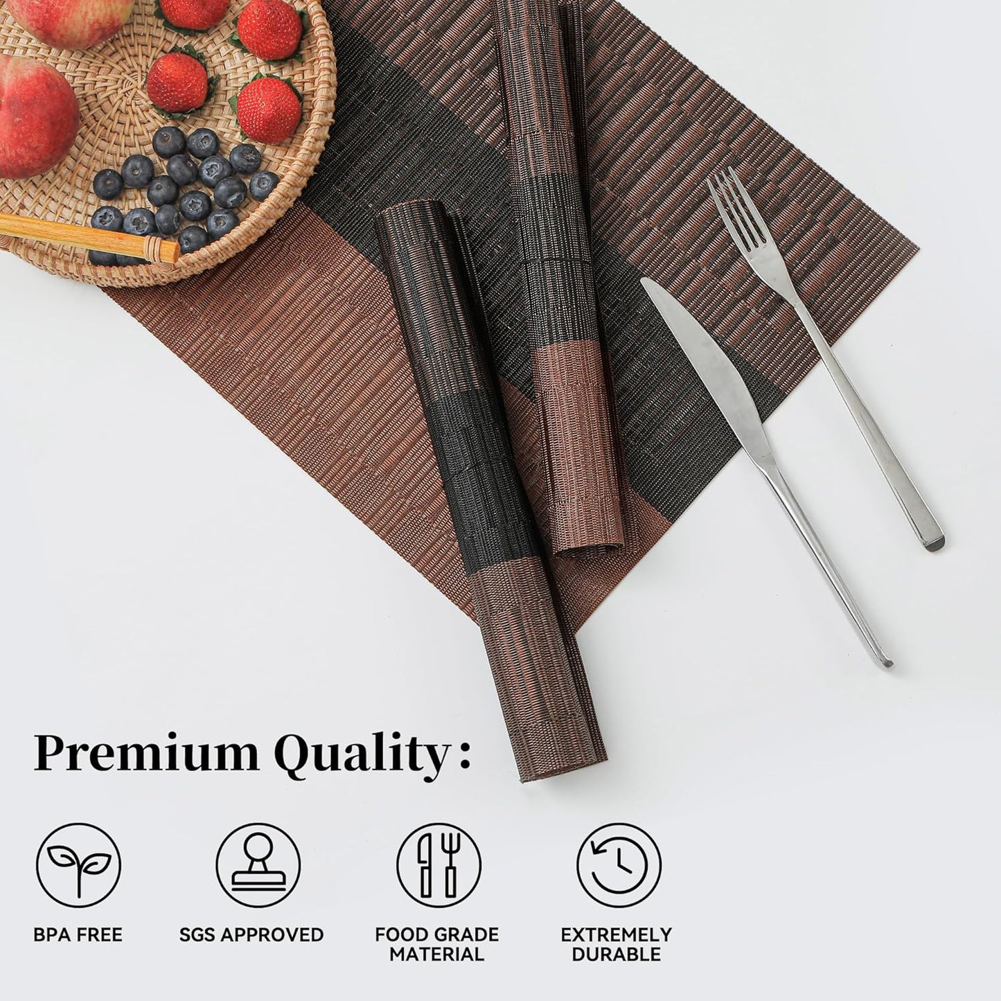 Leetaltree Brown with Black Striped Placemats Set of 8 - Heat Resistant Non-Slip Place mats for Dining Table, Washable Durable PVC Vinyl Woven Table Mats（Brown Stripe, 8）