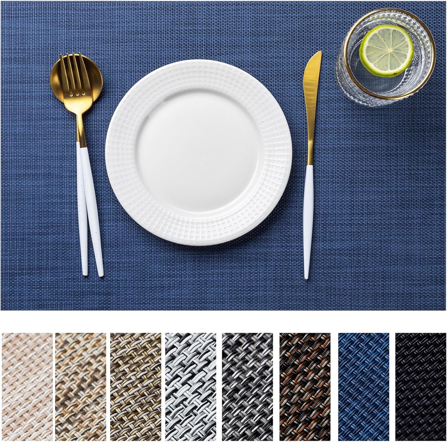 LEXMORE Placemats Set of 4 Vinyl/Plastic Woven Place Mats for Kitchen Table Indoor/Outdoor Washable Placemat Wipeable Dining Table Mats(Navy Blue)