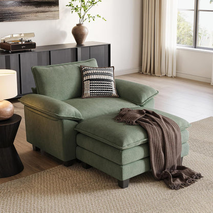 LINSY HOME Sofa Chair with Movable Ottoman - Corduroy Cloud Couch Chair Soft Comfy Modern Sofa Chaise Single Sleeper Chair Bed for Living Room Apartment Office, Green