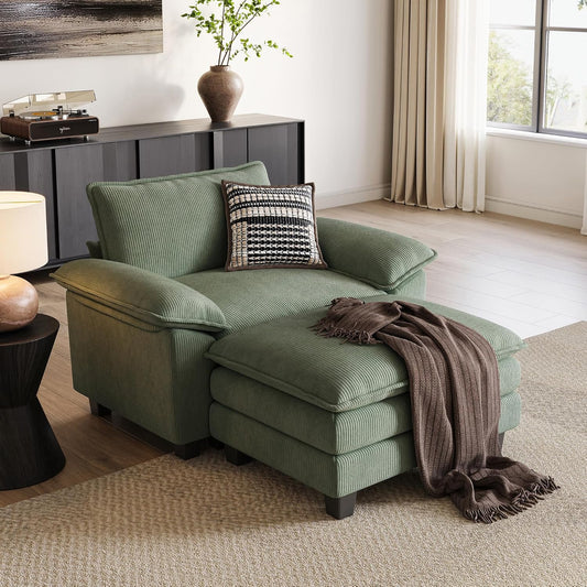 LINSY HOME Sofa Chair with Movable Ottoman - Corduroy Cloud Couch Chair Soft Comfy Modern Sofa