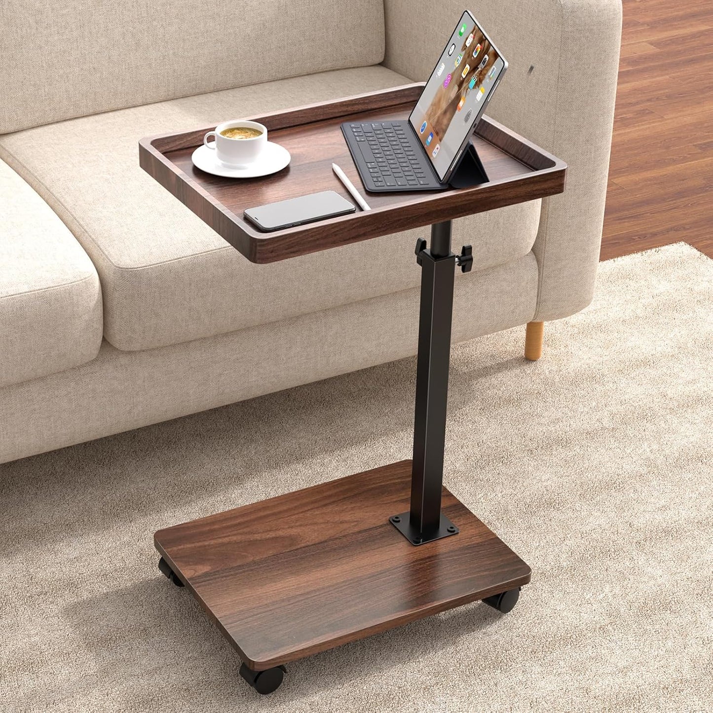 C Table End Table Adjustable Height, 360°Swivel TV Tray Table for Small Spaces, Couch Tables That slide under, C Shaped Side Tables living room and bedroom for Sofa, Bed,Chair, Snack (Walnut Brown)