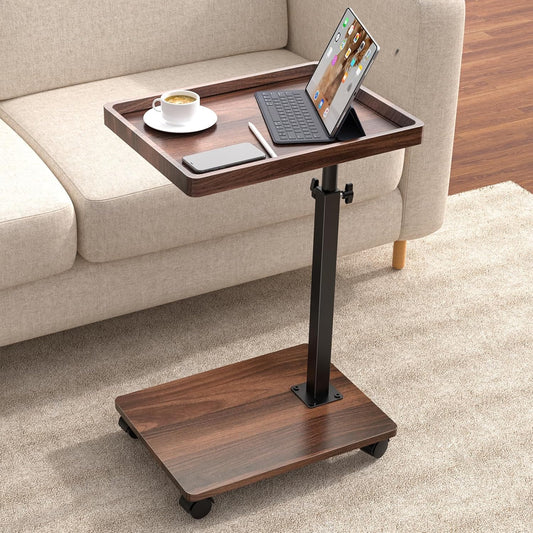 C Table End Table Adjustable Height, 360°Swivel TV Tray Table for Small Spaces, Couch Tables That slide under, C Shaped Side Tables living room and bedroom for Sofa, Bed,Chair, Snack (Walnut Brown)