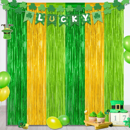 2 Pack St Patrick Party Decorations, 3.28 FT x 7.05 FT Green Gold Light Green Backdrop Curtains, Metallic St.Patrick Fringe Curtains Party Streamer Tinsel Backdrop, St Patrick Party Supplies