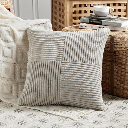 Fancy Homi 2 Packs Neutral Grey Euro Decorative Throw Pillow Covers 28x28 Inch for Couch Bed Sofa, Rustic Farmhouse Boho Home Decor, Soft Corss Corduroy Patchwork Textured Square Cushion Case 71x71 cm