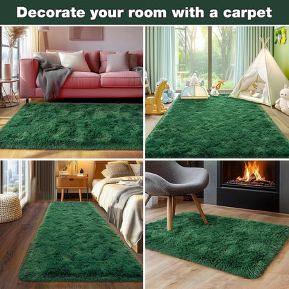 Rezutan 6x9 Feet Shaggy Area Rug - Super Soft Plush Fuzzy Modern Living Room Bedroom Rug for Kids, Non-Slip Nursery Classroom Home Decor, Dark Green.