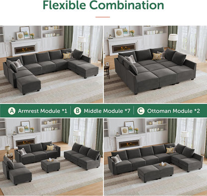 HONBAY Velvet Sectional Sofa Couch with Storage - Modular Sleeper for Living Room, Grey