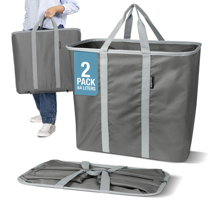 CleverMade Collapsible Laundry Caddy, 64L Pop-Up Hamper, 2 Pack, Charcoal