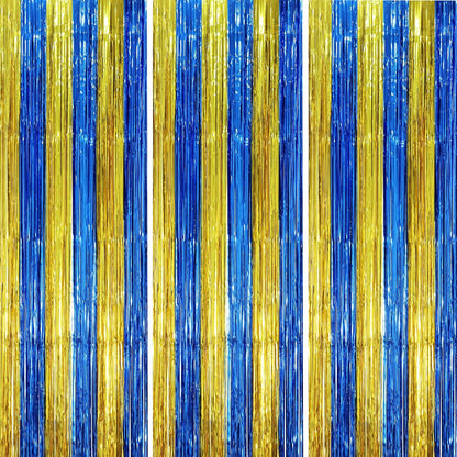 3 Pack 3.3 x 8.2 ft Blue Gold Foil Fringe Backdrop Curtains, Tinsel Streamers Party Decorations, Fringe Backdrop, Door Shimmer for Father's Day Graduation or Birthday Party