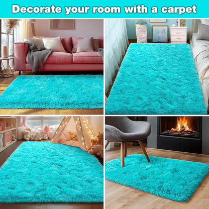 Rezutan Super Soft Fluffy Rug for Living Room Bedroom Modern Shaggy Fuzzy Kids for Living Room,Plush Indoor Nursery Classroom Home Decor Bedside Rug with Non-Slip Bottom,Teal Blue, 2 X 6 Feet