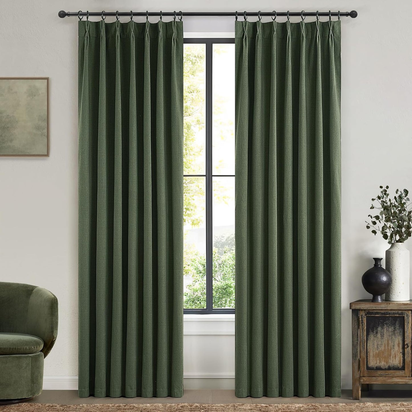 Dark Olive Green Bedroom Curtains 92 Inch Length 2 Panels Set Burg,Pinch Pleated Decorative Blackout Drapes Thermal Insulating Window Full Light Blocking Linen Blend Sunroom Pine (40"Wx92"Lx2 Loden)
