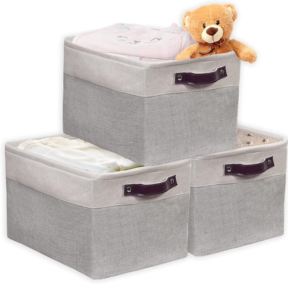 SIMPLE HOUSEWARE Large Fabric Storage Bin, 15" x 11" with Leather Like Handles, 3 Pack, Gray
