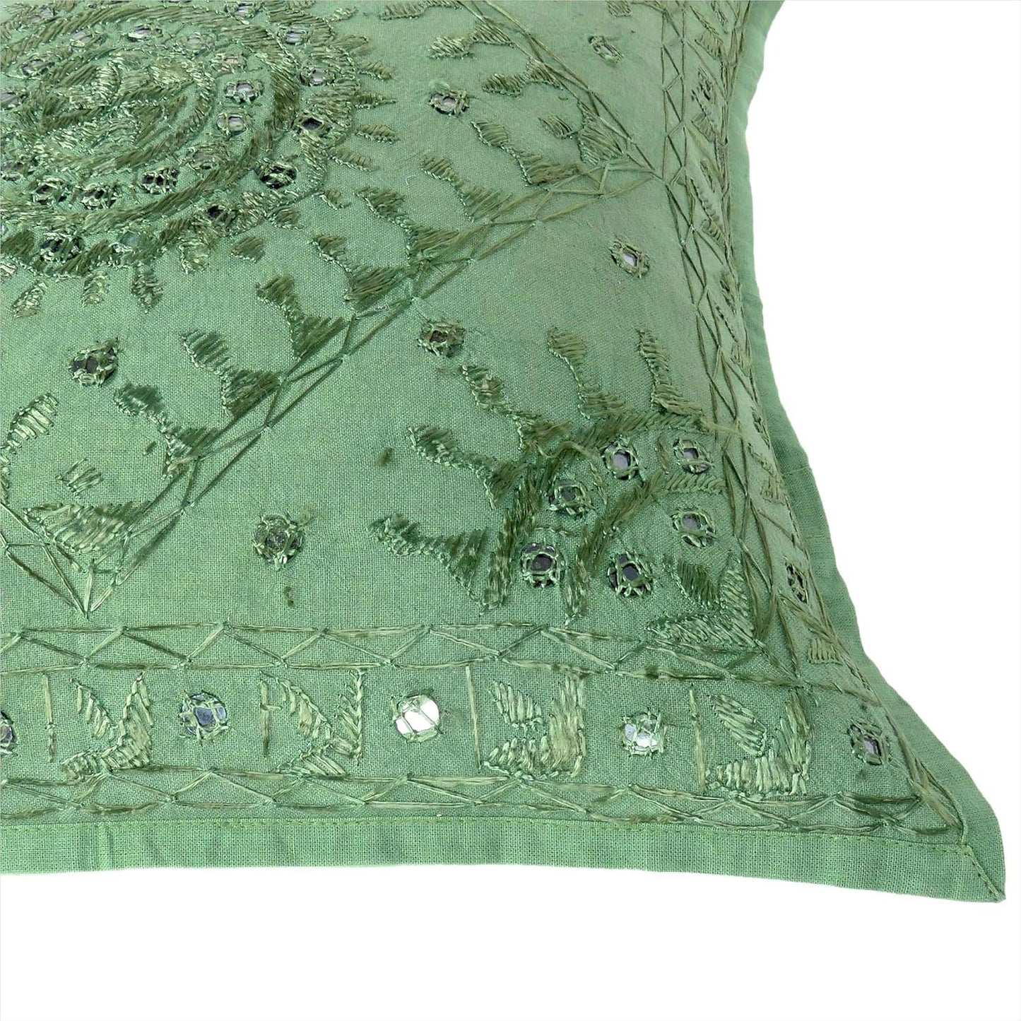 Eyes of India Embroidered Decorative Boho Throw Pillow Cover with Mirrors, Handmade Bohemian Accent Cushion Case for Sofa Couch Bedroom Living Room (Green, 24" x 24")