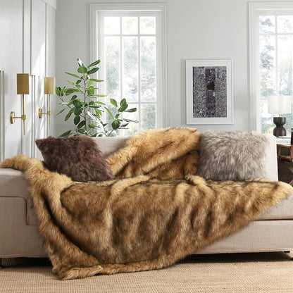 Luxury Plush Faux Fur Blanket Queen Size, Long Pile Golden Yellow with Black Tips Throw, Oversized Super Warm, Fuzzy, Elegant, Fluffy Decorative Blanket for Sofa, Armchair, Couch and Bed, 90"x90"