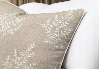 VAGMINE Embroidered Leaves Throw Pillow Cover - 20x20 Inches Square - 100% Linen Natural Throw Pillowcase - Elegant Neutral Leaf Design - Minimalist Rustic Home Accent for Sofa, Bed, Couch, Lounge