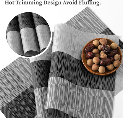 Leetaltree Grey with White Striped Placemats Set of 6 - Heat Resistant Non-Slip Place mats for Dining Table, Washable Durable PVC Vinyl Woven Table Mats（Grey Stripe, 6）