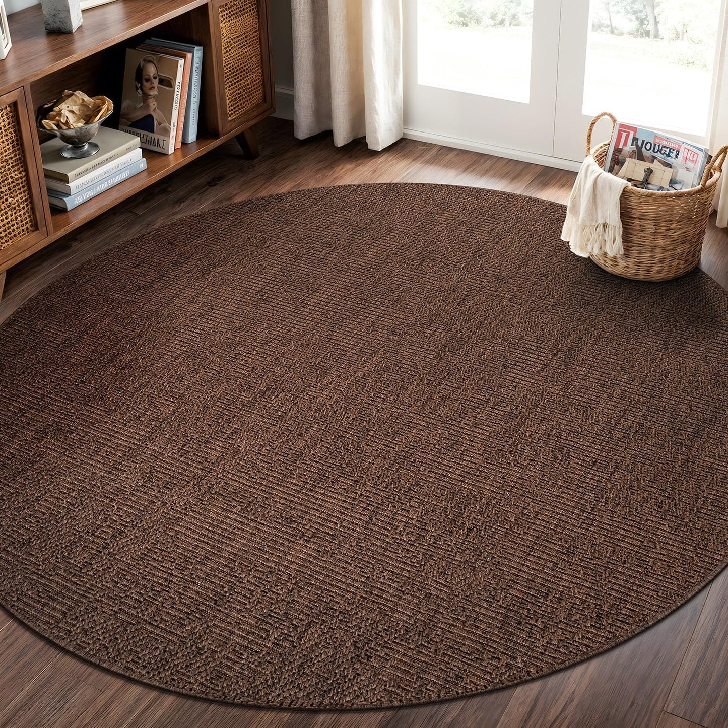 CAMILSON Easy Jute Round Rug 4ft Indoor Outdoor Brown Color Fiber Area Rugs for Living Room Patio and Kitchen Rug, Solid Boho Woven Design Easy-Cleaning Washable Outside Carpet Alfombras (4 Round)